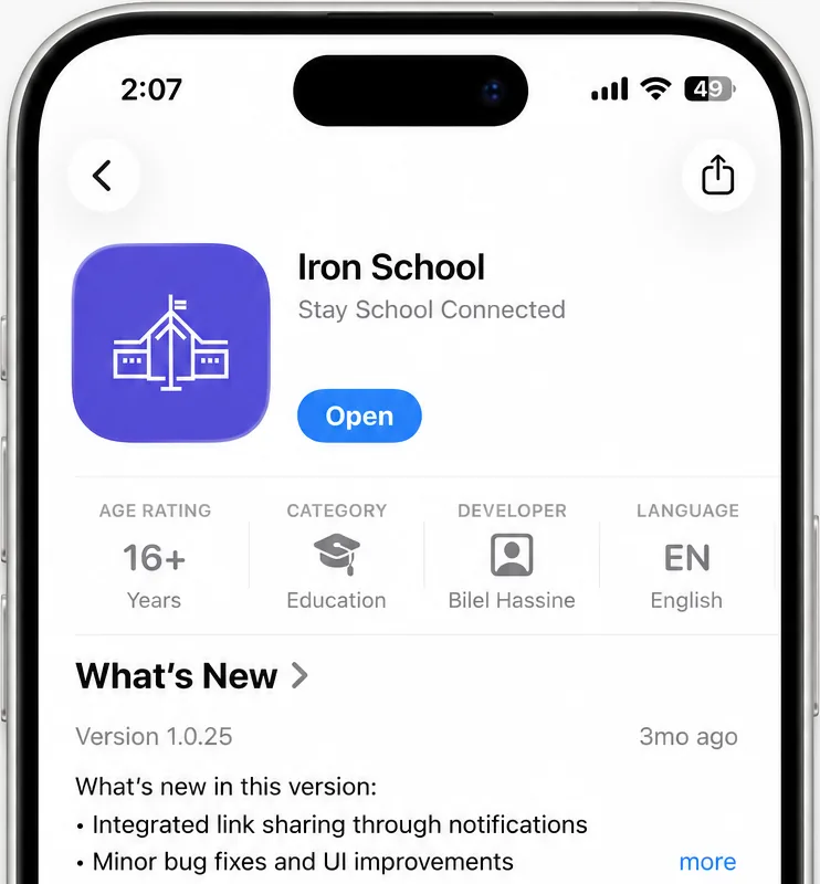 صفحة تطبيق Iron School لأولياء الأمور في متجر التطبيقات