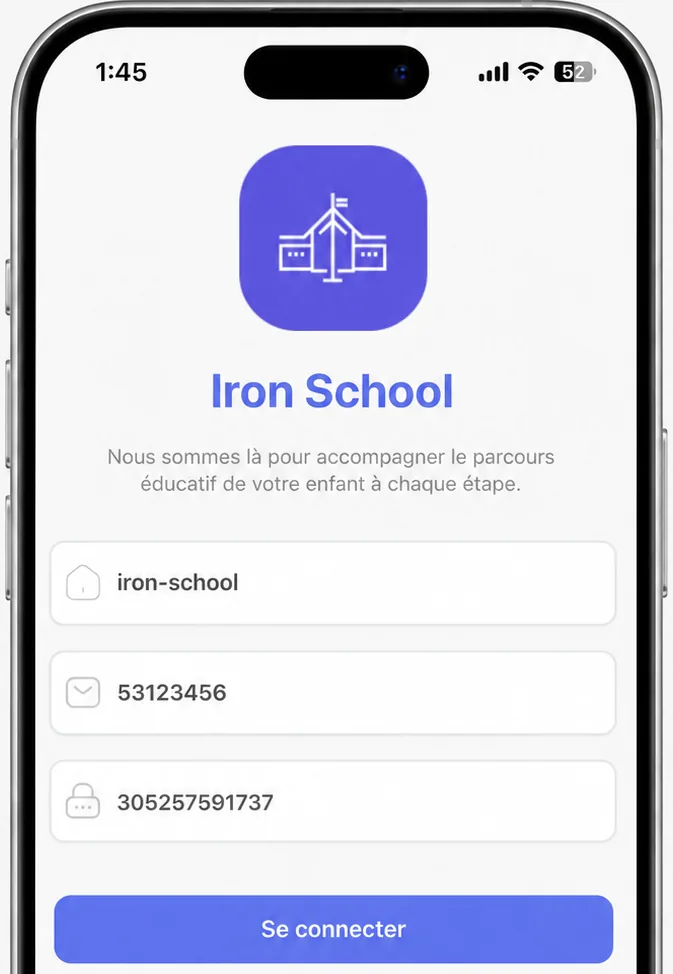 نموذج دخول تطبيق Iron School لأولياء الأمور مملوء ببيانات وهمية